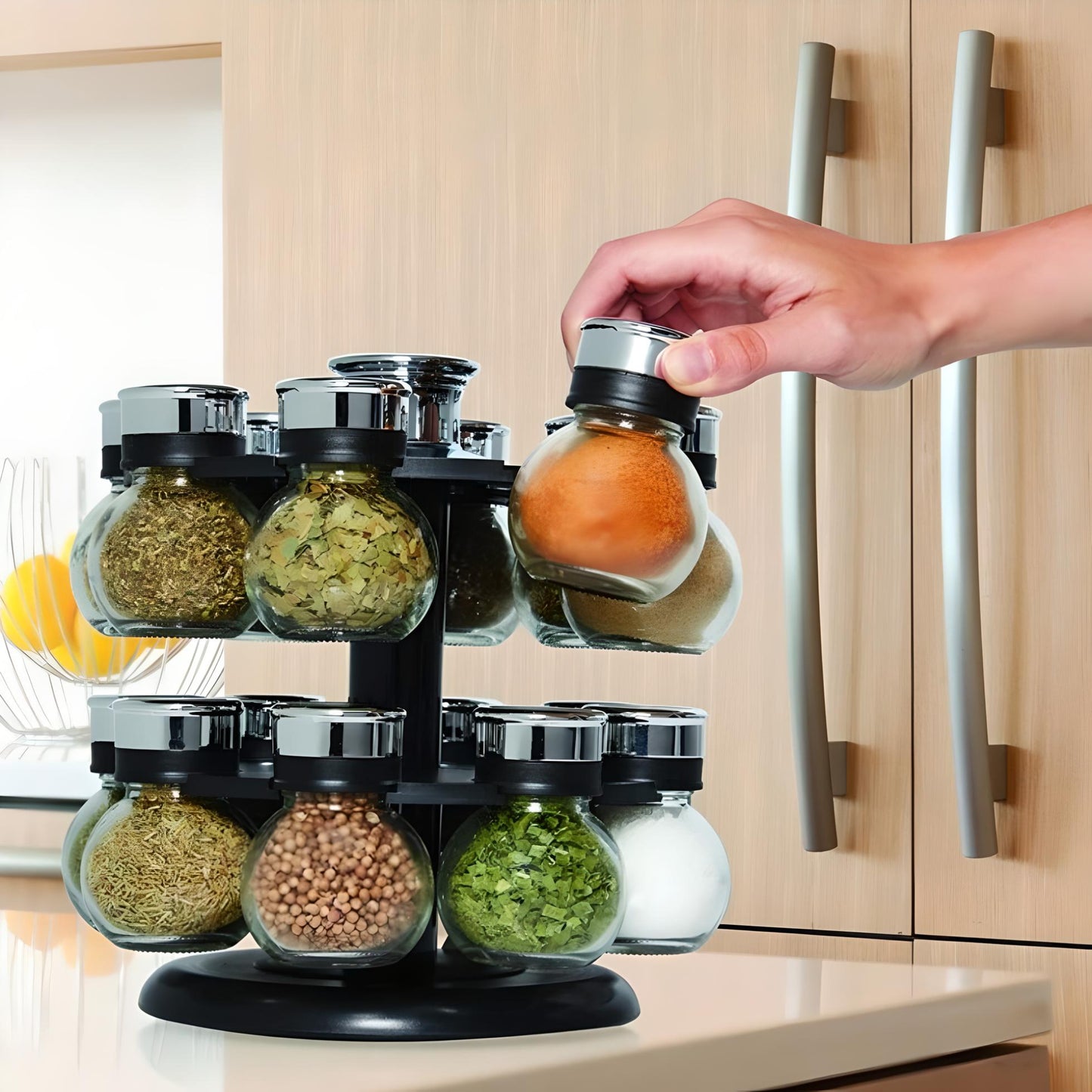 Revolving Spice Rack with 16 Glass Jars