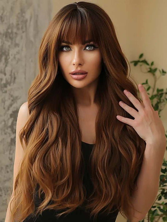 Chic 22-Inch Brown Synthetic Wavy Wig with Fringe
