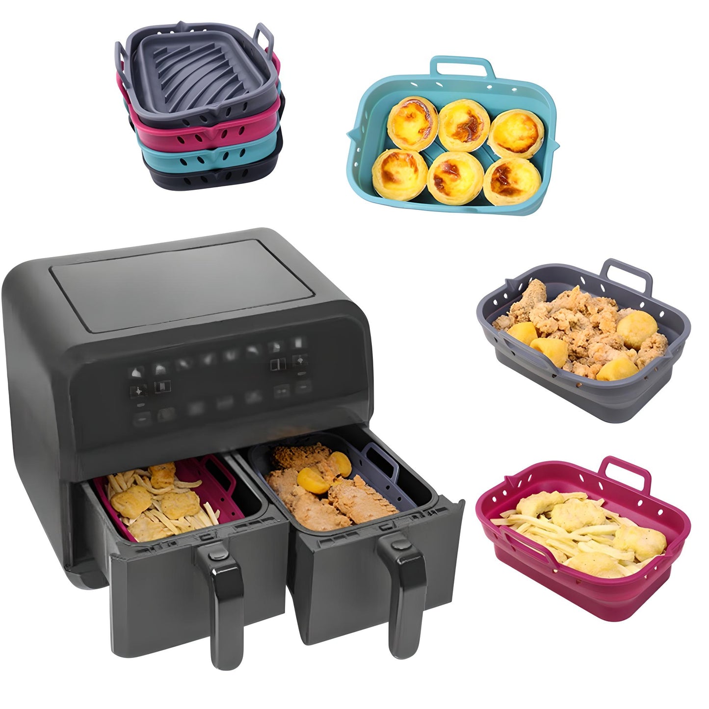 Collapsible Dual-Compartment Silicone Air Fryer Liners - Pack of 2